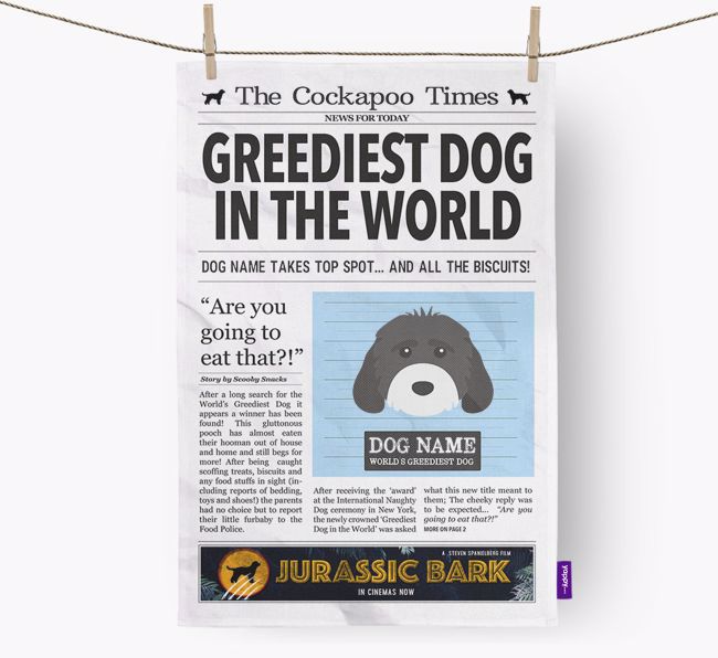 The {breedShortName} Times 'Greediest Dog In The World' Personalised Tea Towel